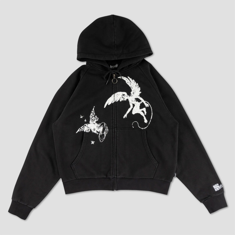 Welcome Duality Cropped Pigment-Dyed Zip Hoodie Black