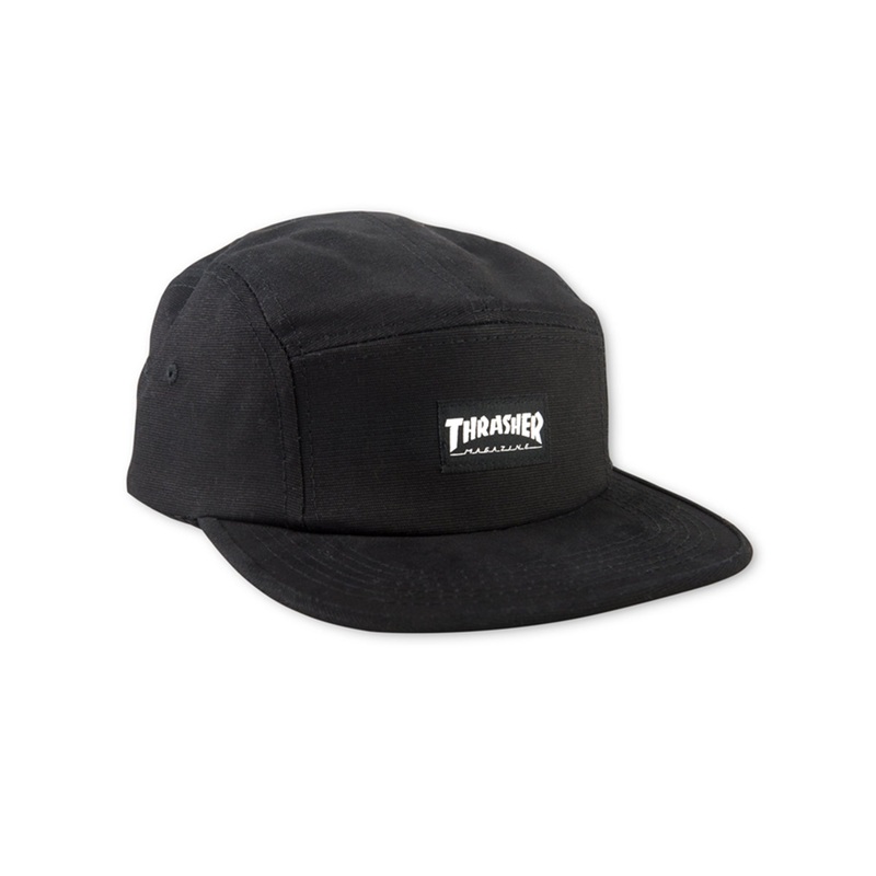 5 Panel Black Strapback Hat