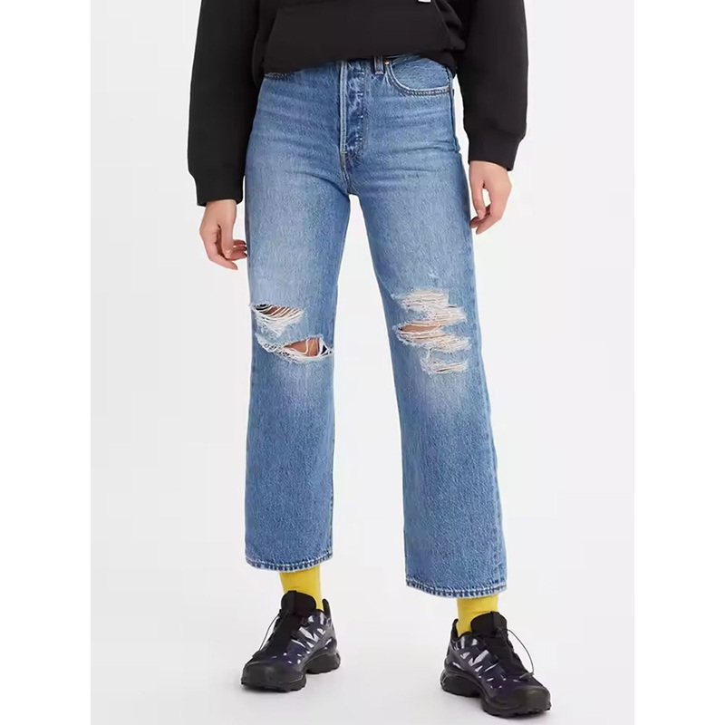Ribcage Straight Ankle Medium Indigo Destructed Jeans