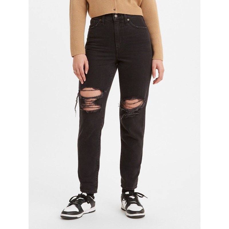High Waisted Mom Black Destructed Jeans