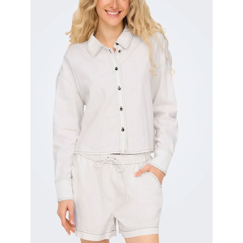 Caro Linen Crop Long Sleeve Buttondown Shirt